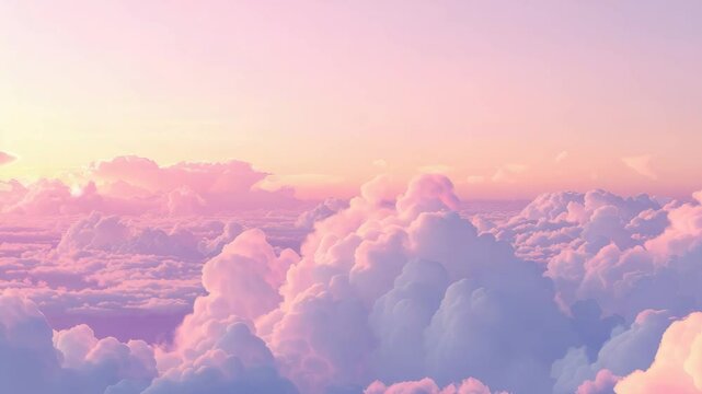 An endless sky with voluminous cumulus clouds illuminated with pink-orange light at sunset or sunrise, creating a soft and dreamy landscape