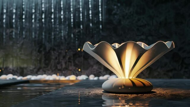 A decorative table lamp in the shape of a white shell or flower, emitting a warm orange glow, placed on a wet surface with reflections, against a background of dark hanging formations