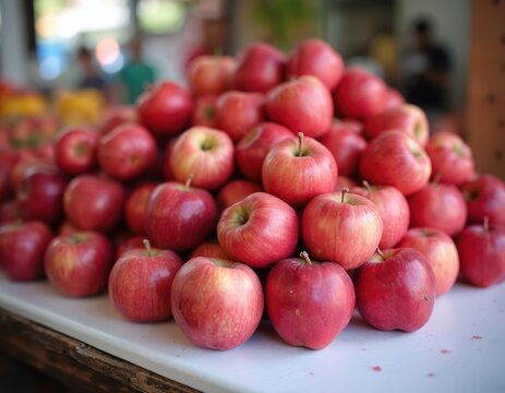 Pile of fresh ripe red apples for sale at market. Harvest of autumn apples with blurred background. Healthy eating concept. Raw, natural, organic fruit ready to eat.