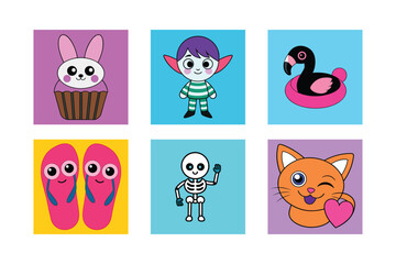 Funny cartoon animal vector set with dog, cat, owl, pig, bear, and rabbit characters for baby and pet illustration design