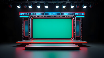 Modern news studio set with green screen background