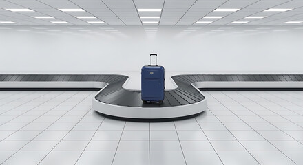 A single blue suitcase sits on the baggage carousel in a spacious, bright airport. The area is minimally designed, emphasizing cleanliness and organization.