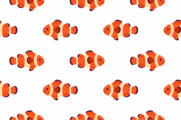 Tropical underwater pattern with orange clownfish repeated on white background, suitable for children and ocean themes