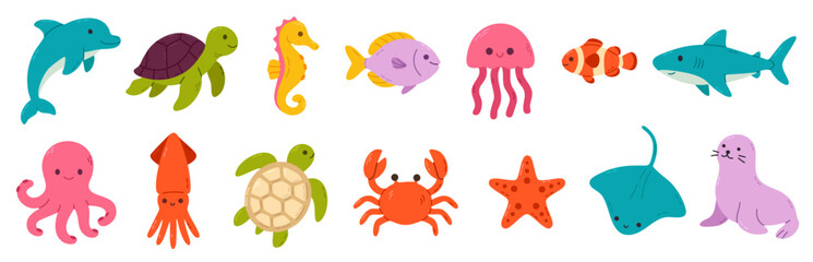 Set of colorful ocean animals including dolphin, turtle, seahorse, jellyfish, shark, clownfish, crab, starfish, octopus and others