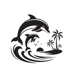 Jumping Dolphins Over Ocean Waves at Sunset with Palm Trees