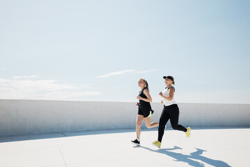 Dynamic duo enjoying a vibrant run under the bright sky on a warm afternoon providing a refreshing experience
