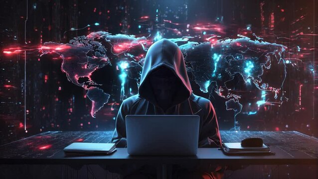 Hooded hacker typing on laptop in dark room, cyber security or coding concept, futuristic neon lighting
