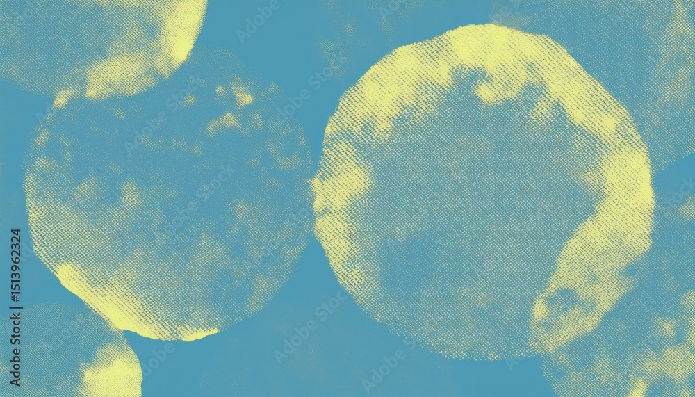 Fototapete abstract halftone yellow clouds on cyan sky with circular overlay for modern web design, branding, o
