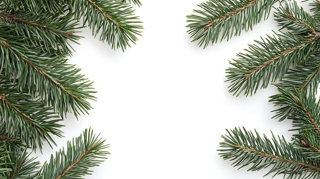 Pine tree branches arranged on a white background forming a border frame