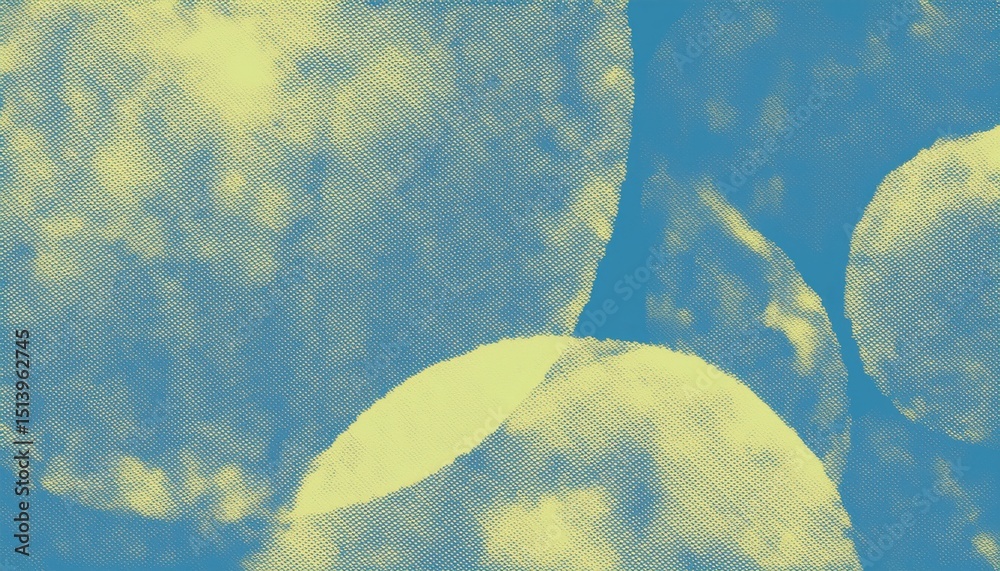Fototapete abstract halftone yellow clouds on cyan sky with circular overlay for modern web design, branding, o