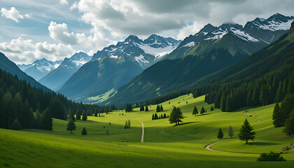 Serene green valley with snow capped mountains