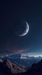 Crescent Moon Over Snowy Mountain Peaks at Night | Serene Landscape