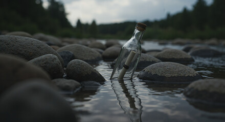 Obraz premium Glass bottle in tranquil river among river stones at dusk 