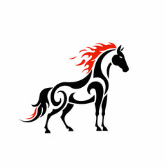 Obraz premium Fiery horse, symbol of 2026, new year. Horse illustration with tribal design and red flames. Stylized horse image perfect for new year and christmas celebrations. This fiery steed is ideal for festi