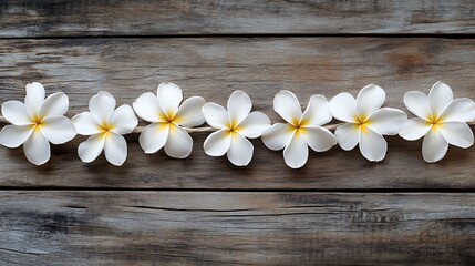 White frangipani flowers on wooden background with copy space.