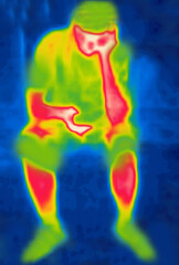 Sitting with a smartphone, standing with a smartphone. Image thermal imager device.