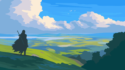 Hero Standing on Hill Overlooking Vast Landscape