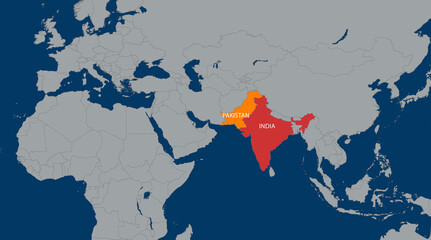 Map highlighting the geographical locations of India and Pakistan
