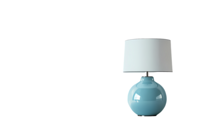 A light blue ceramic lamp with a white lampshade on a  providing soft illumination isolated on transparent background