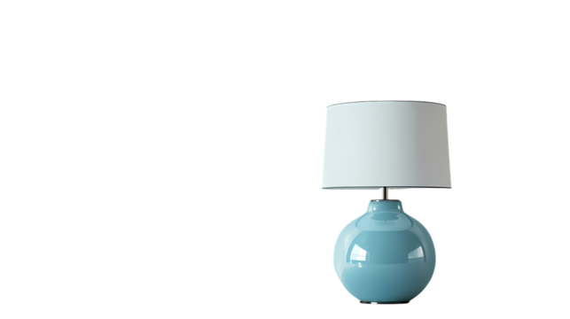 A light blue ceramic lamp with a white lampshade on a  providing soft illumination isolated on transparent background