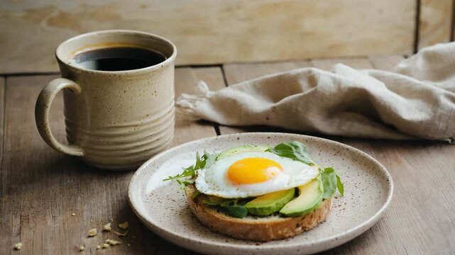 A cup of coffee and a plate of avocado sandwich and fried egg stand on a wooden table, a cloth napkin lying beside it