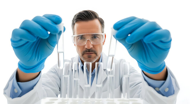 A scientist in a lab coat and gloves analyzes test tubes filled with solutions. The bright environment emphasizes the importance of research and proper lab safety protocols.