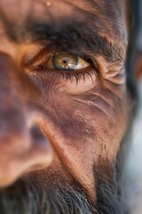 Obraz premium Focused eye reflects a story of resilience and experience. The human face shows detail of age and character in its weathered expression.