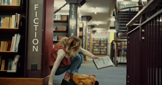 Stress, frustrated student and woman in library for test fail, headache and study fatigue in university. College, sad and unhappy girl overwhelmed with assignment deadline, exam pressure or burnout