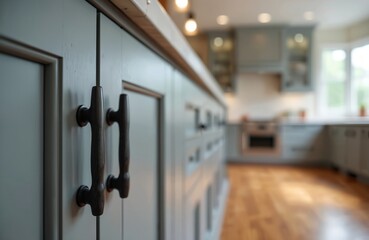 Low angle shot of modern kitchen cabinet door with dark wooden handles. Grey color design with wood floor. Luxury apartment, home interior. Kitchen design. Selective focus on detail. Home renovation.