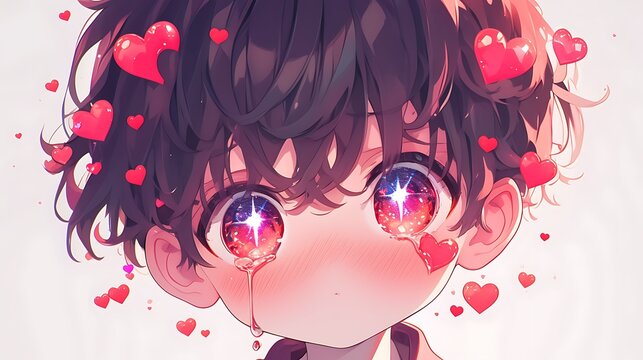 A chibi boy character who gets a nosebleed after seeing a cute girl, his eyes sparkling, and an excess of hearts flying around in his head