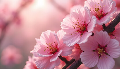 Obraz premium Blush of Spring Pink Cherry Blossoms Against a Clear Blue Sky