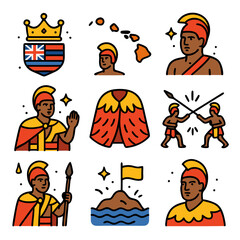 National Kamehameha Day icons depicting Hawaiian culture, can use for for digital designs, social media posts, websites, presentations, banner, flyer, background and educational materials.