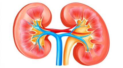 Detailed Labeled Kidney Structure with Nephron Diagram Illustrating Renal Anatomy and Blood Vessels