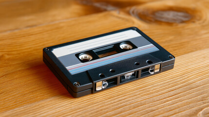 Vintage Cassette Tape Resting on a Wooden Surface Symbolizing Nostalgia for Music from the Past