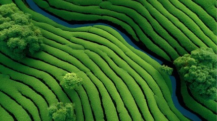 Aerial View of Symmetrical Lush Green Tea Plantations with Curving Rows and a Meandering Waterway