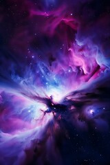 A celestial canvas where cosmic dust dances in swirls of deep purples, soft pinks, and brilliant blues across the vast expanse of the universe.