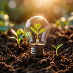 Light bulb grows with plant, graph. New business idea, financial investment, environmental protection. Renewable eco green energy concept, innovative future technology, sustainable growth