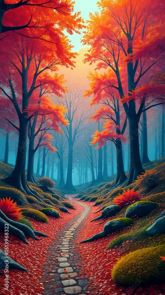 Poster A forest with a path through it. The path is lined with trees and rocks. The leaves are orange and the sky is blue