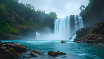 Fototapeta premium A Serene Waterfall Cascading Through the Forest