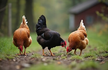 Three chickens feed on natural farm. Domestic birds peck grass, barnyard fowl cluster. Autumn colors, rural scene evokes farming, agriculture themes. Healthy organic food production in countryside.