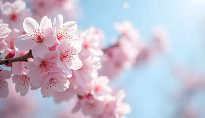 Blush of Spring Pink Cherry Blossoms Against a Clear Blue Sky