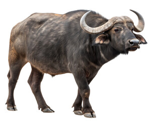 A full body shot of a cape buffalo standing against a black background with its horns visible