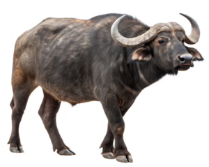 A full body shot of a cape buffalo standing against a black background with its horns visible