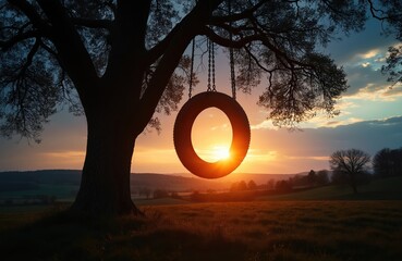 Tyre swing hangs from tree at sunset. Golden hour sun beams through the tire. Silhouette of tree, swing and idyllic rural landscape in autumn or spring season. Peaceful scenery.