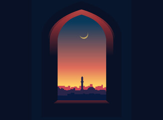 Serene Night View of City Through Arch with Crescent Moon for Eid
