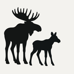 Deer silhouette vector with antlers in black and white illustration of wild animal