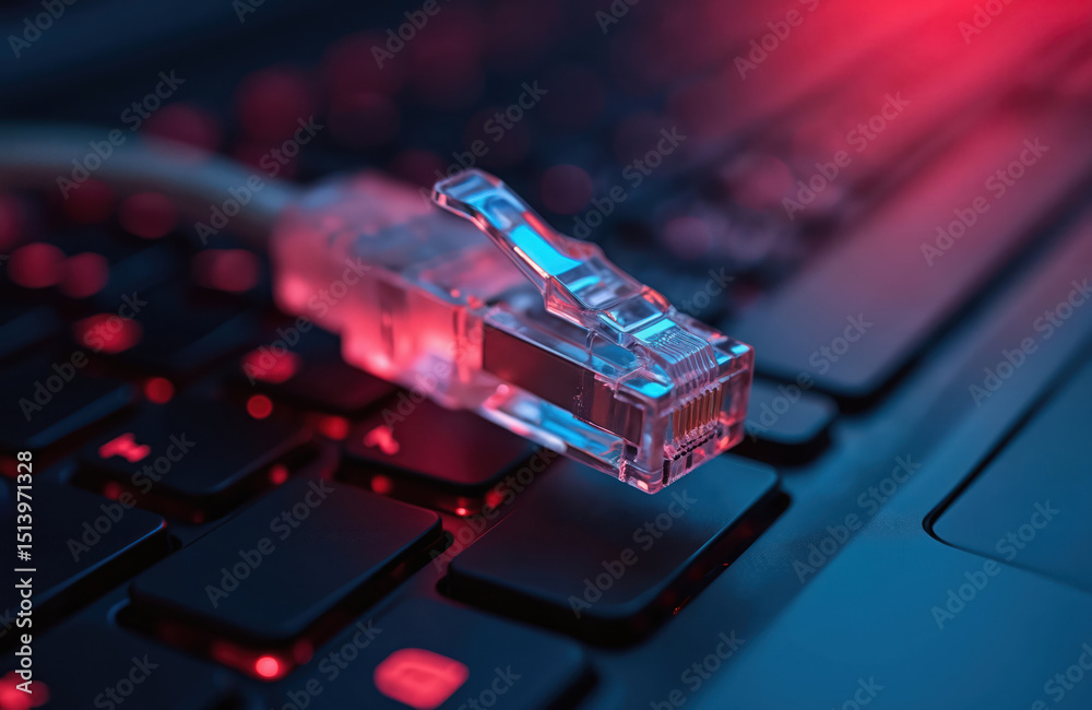 Aufkleber Close-up view of internet network cable connected to laptop keyboard with neon lights. Modern IT tech, digital communication concept. High-speed data transfer. Broadband connection via ethernet.