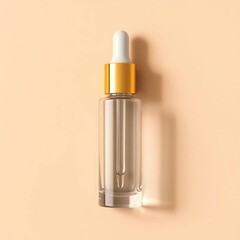 Clear glass dropper bottle with gold cap,  pale peach background