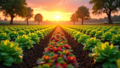 Vibrant sunset over rich green vegetable farm field. Sunlight on vegetables, red flowers at the center, trees at horizon. Serene, tranquil rural scenic landscape with healthy harvest.