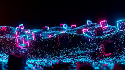 Neon city of cubes afloat on a glittering sea of light - Powered by Adobe